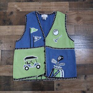 Mandal Bay Womans XXL Golf Sweater Green Blue Color Block Applique V Neck